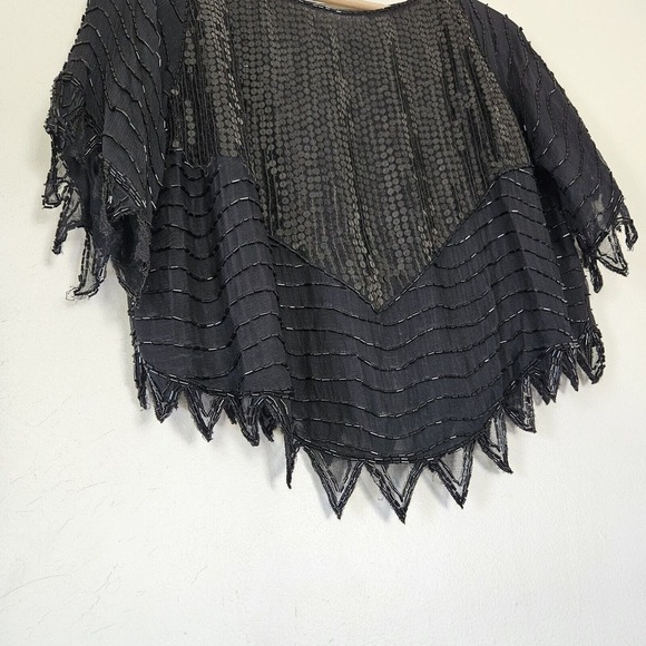 Vtg 80s Chanson D'Amour Beaded Sequin Top Size M Silk Cropped Black Whimsigoth - Picture 5 of 9